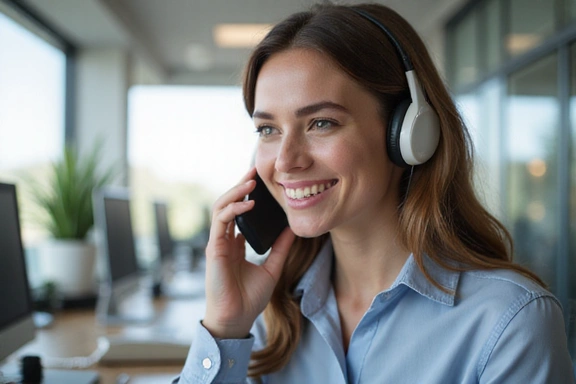 Personne souriante au téléphone, symbolisant le contact client