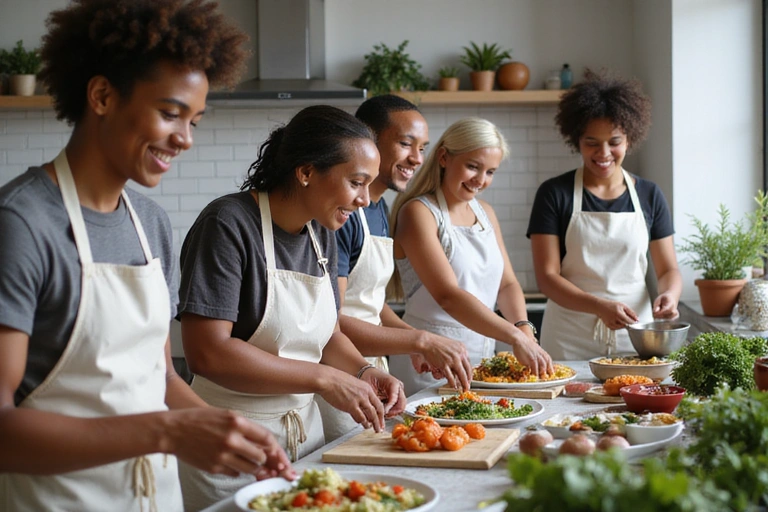 Groupe de personnes souriantes participant à un atelier de cuisine saine