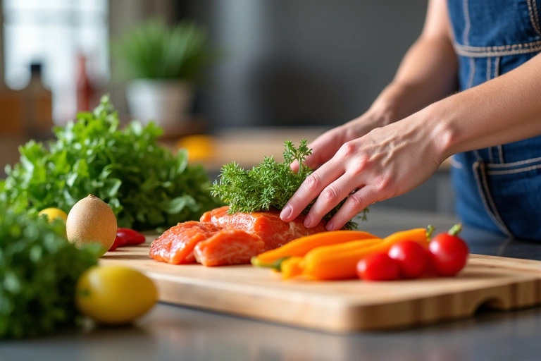 Personne préparant un repas sain avec des ingrédients frais, symbolisant un programme nutritionnel